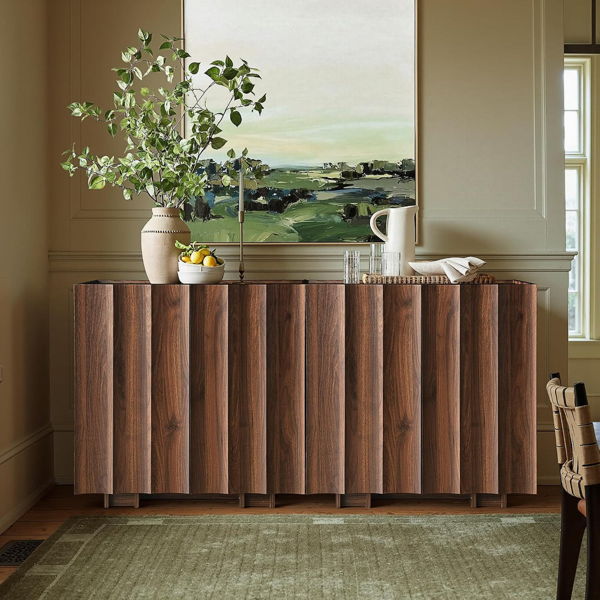 win2win 30.8" Sideboard Buffet Cabinet with Storage, Walnut, Wave Design