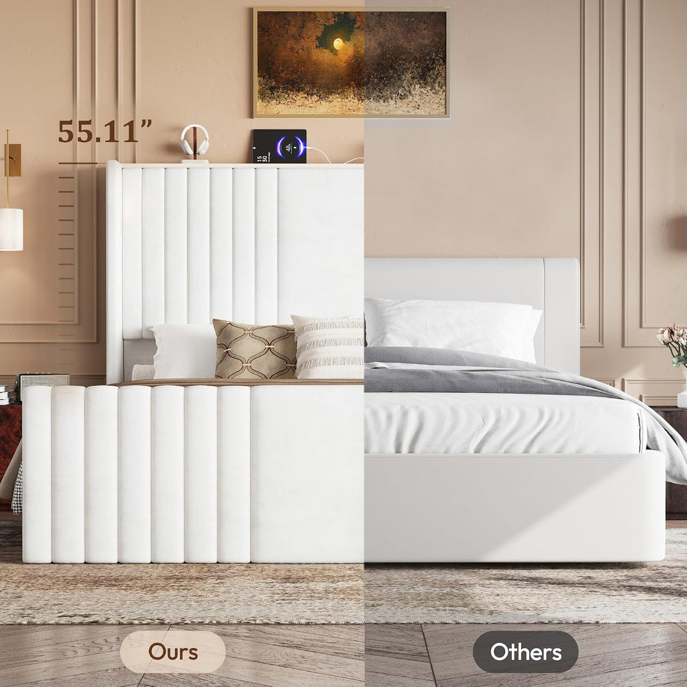 55" Tall King Size Platform Bed Frame with 2 Reading Lights, Cream