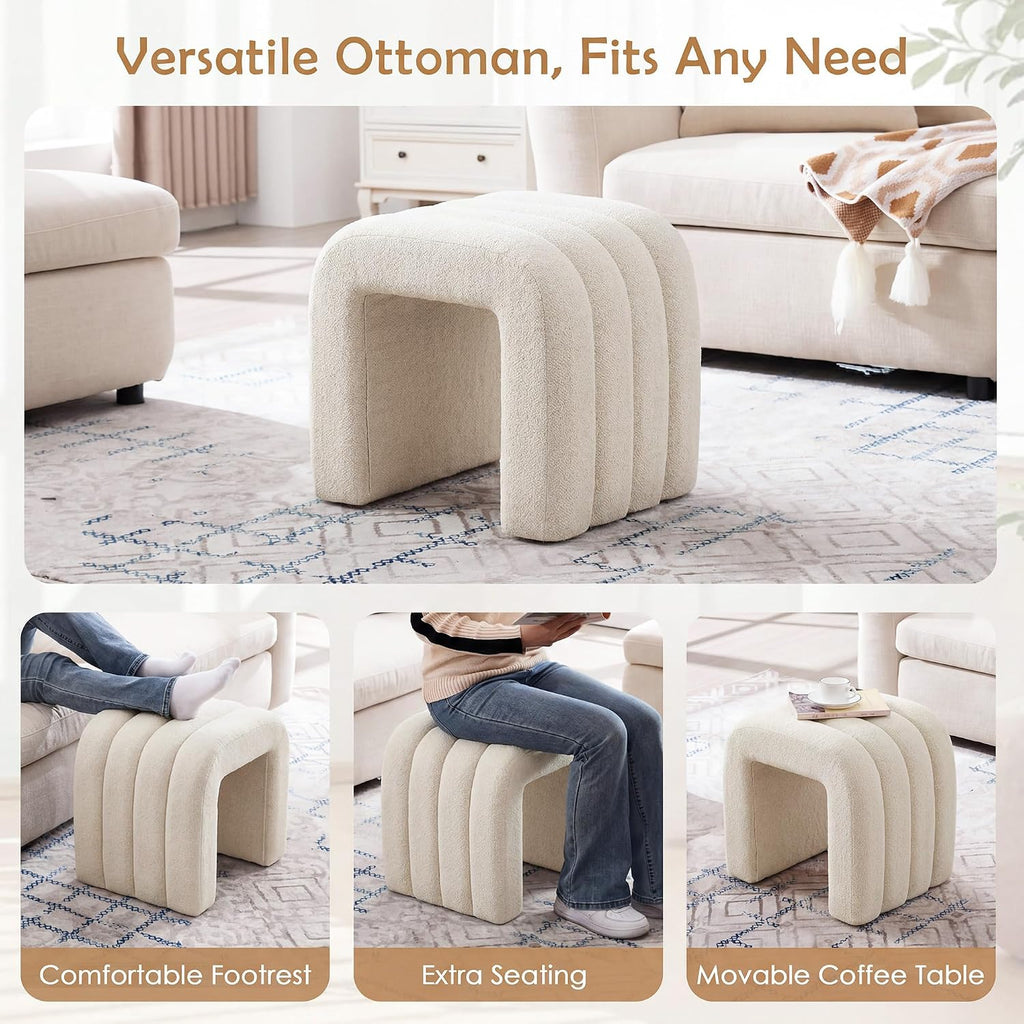 Beige Linen Ottoman Stool, Backless Vanity Stool, Footrest for Couch