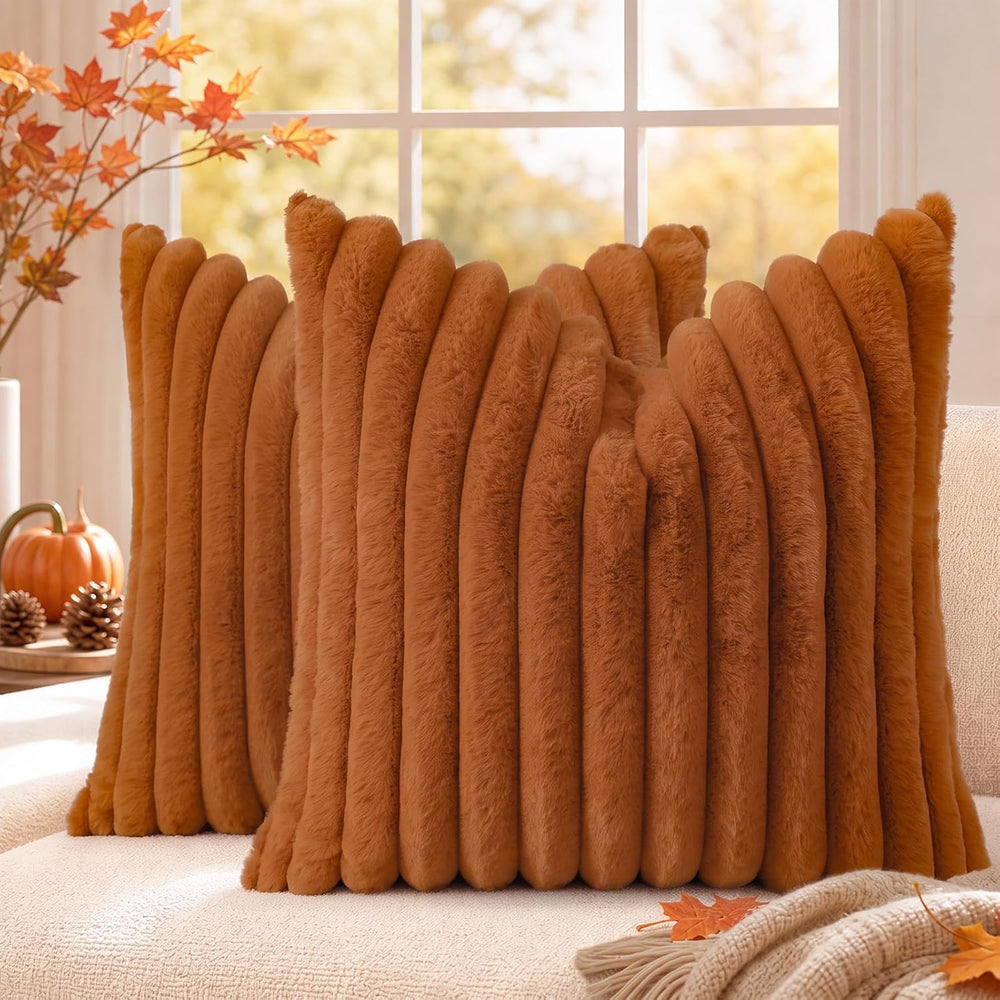 decorUhome Fall Faux Fur Throw Pillow Covers 24x24 Set of 2 Light Rust