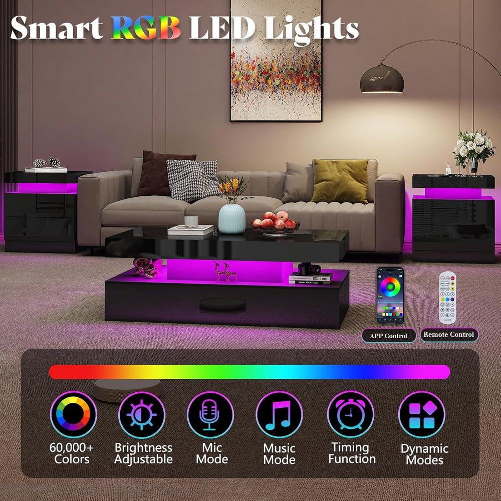 AMERLIFE 3-Piece High Gloss Living Room Table Set with LED Lights, Modern Cof...
