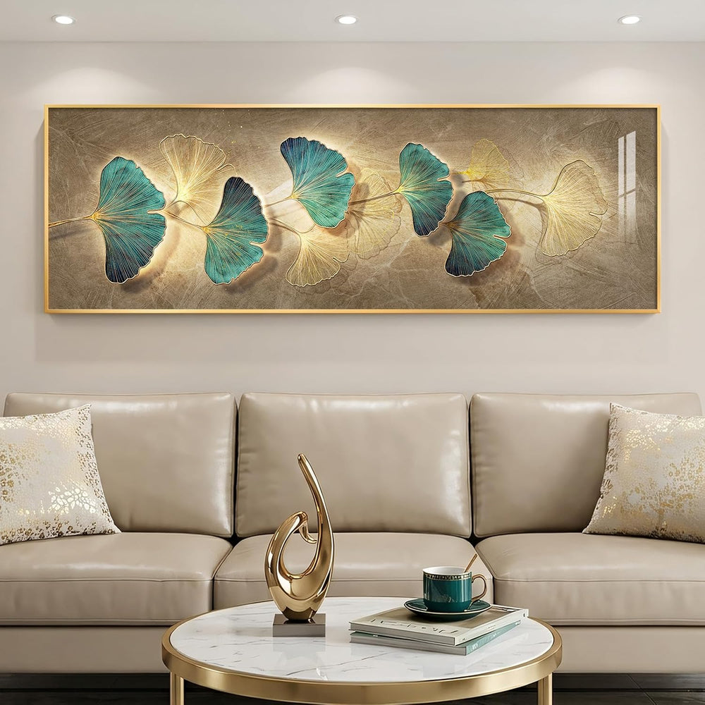 Framed Modern Luxury Narrow Wall Art for Living Room, Gold Teal Large Long Ho...