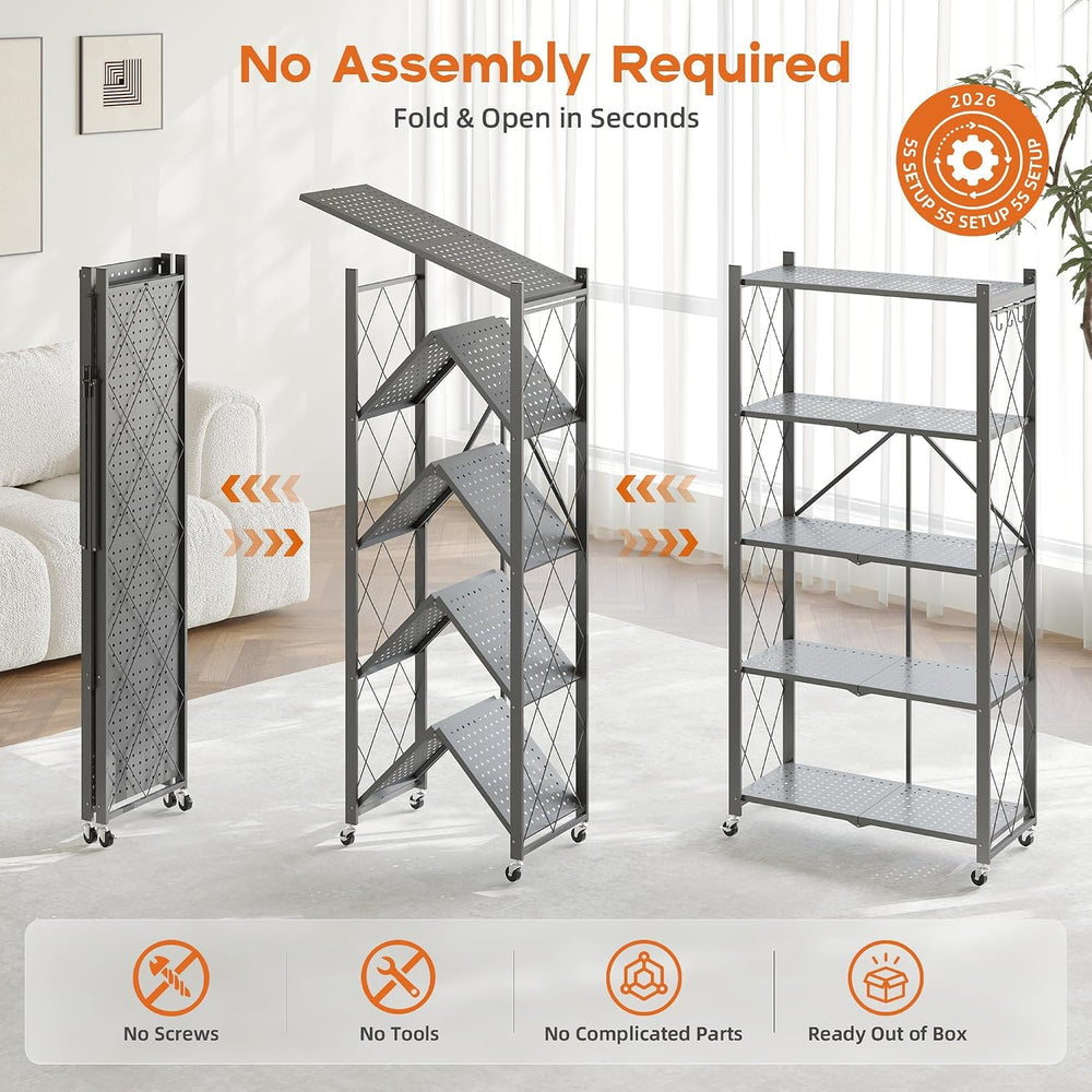 Fenbeli 5-Tier Folding Metal Storage Shelves with Wheels, 750 lb Capacity