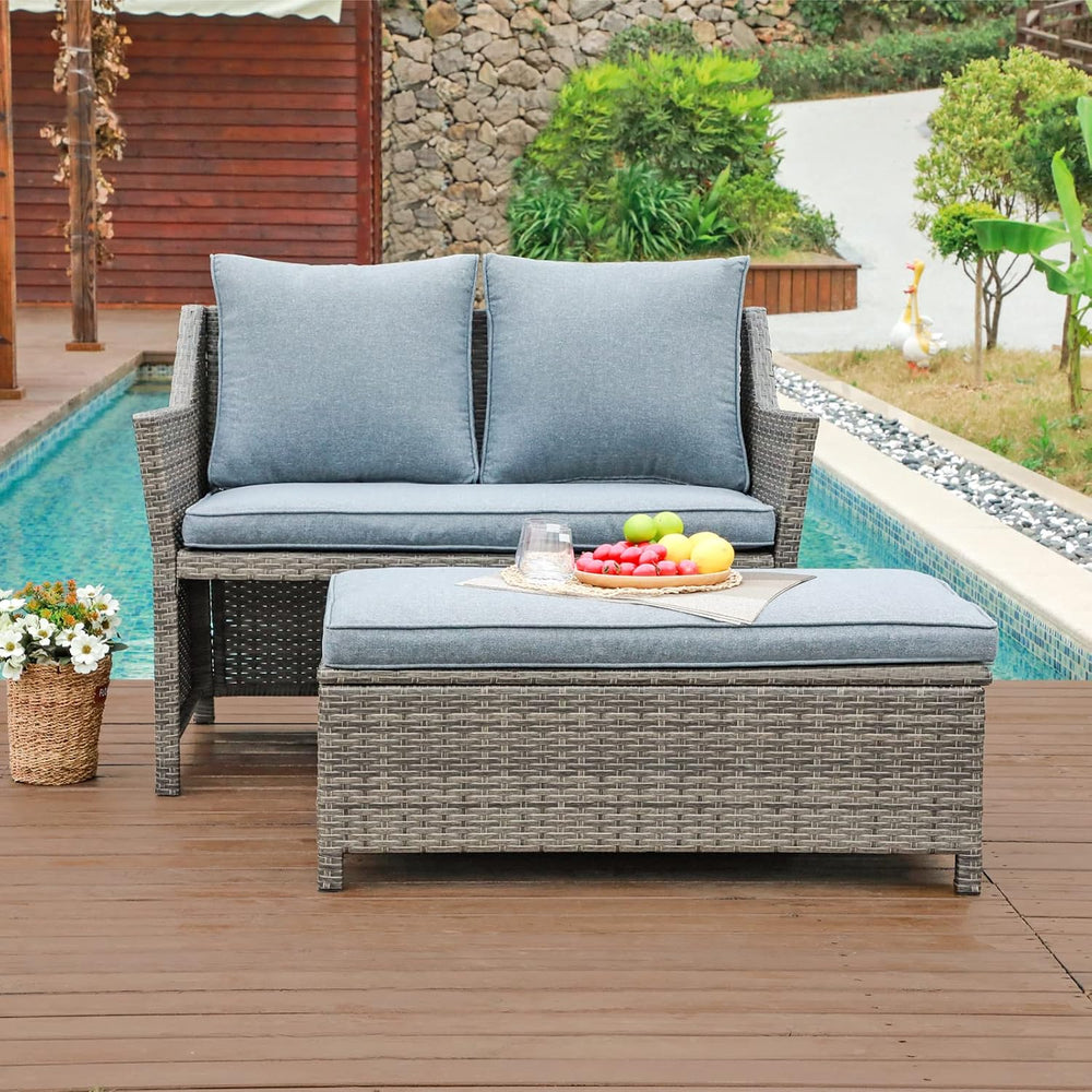 OC Orange-Casual Wicker Patio Loveseat Sofa w/Storage Ottoman, 2 Pcs, Gray