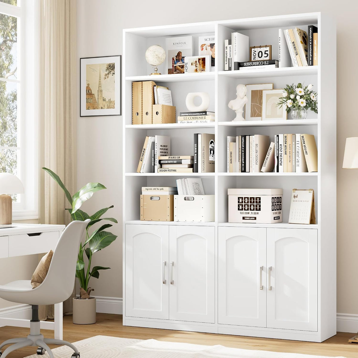 facbotall bookshelf and bookcase with doors, double wide shown in use