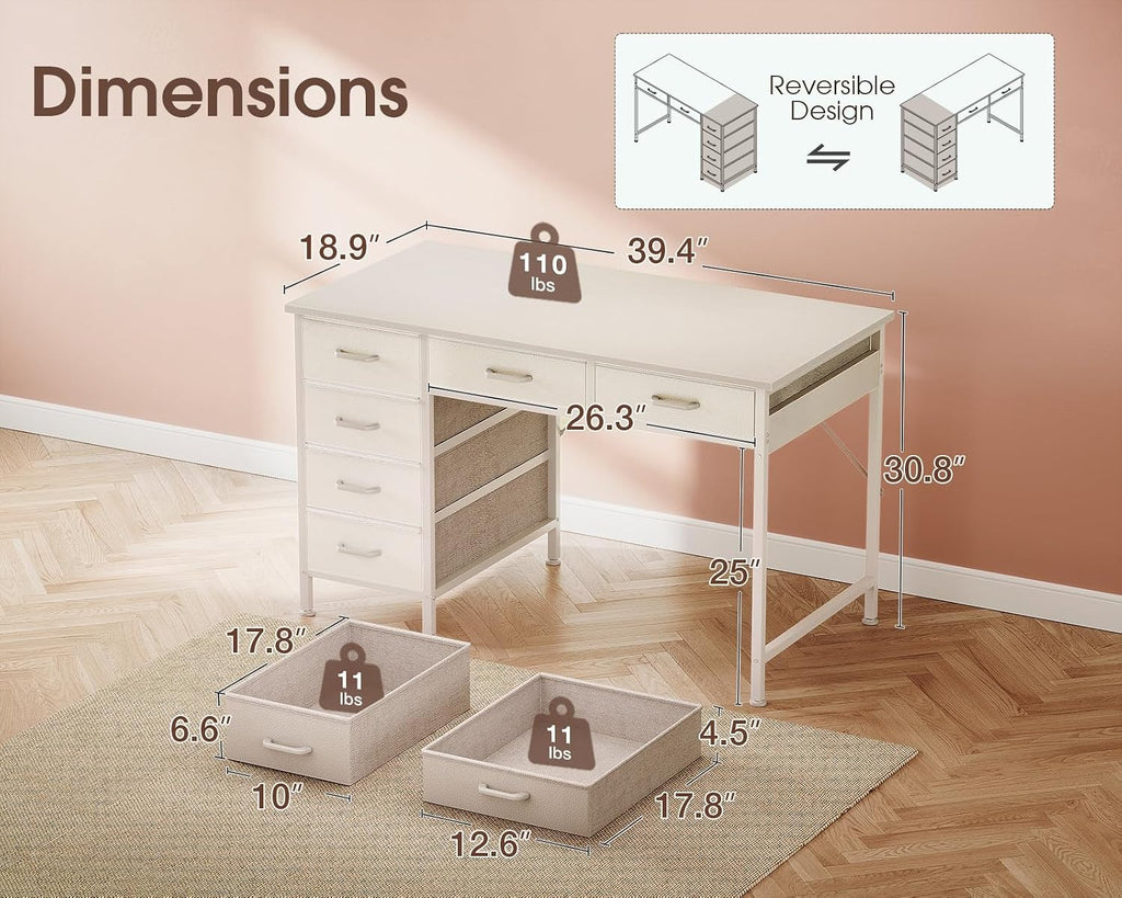Casaottima 40 Inch Small Computer Desk with 6 Drawers, Reversible Storage Desk for Home Office, Work Study Table for Bedroom, White