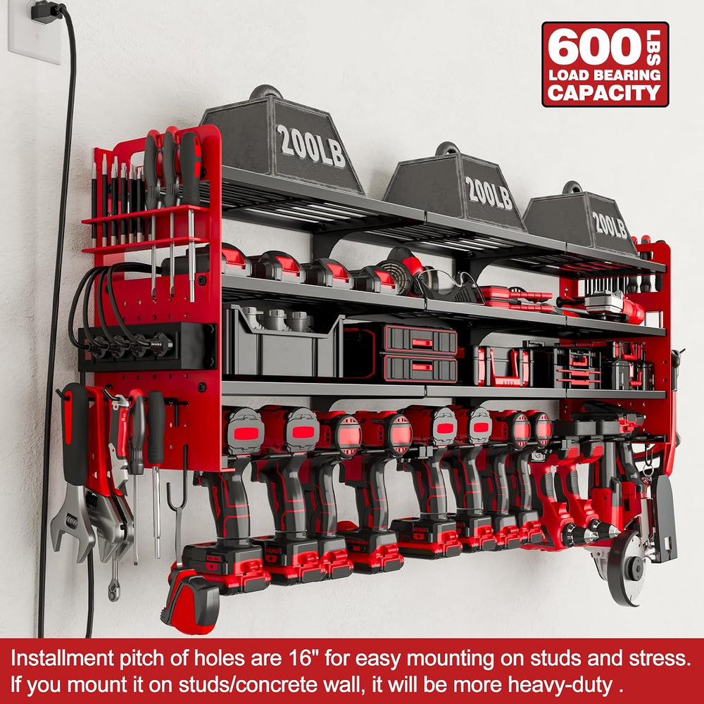 Power Tool Organizer Wall Mount, 12-Drill 4-Tier Charging Station, Red