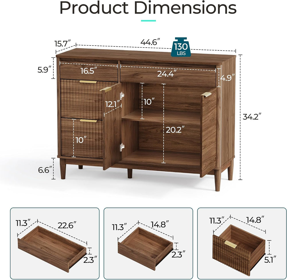 LINSY HOME 44.6" Fluted Buffet Sideboard Storage Cabinet Coffee Bar Walnut
