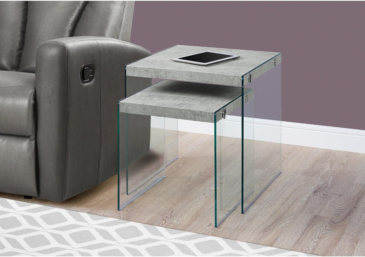 Monarch Specialties ,Nesting Table, Tempered Glass, Grey Cement