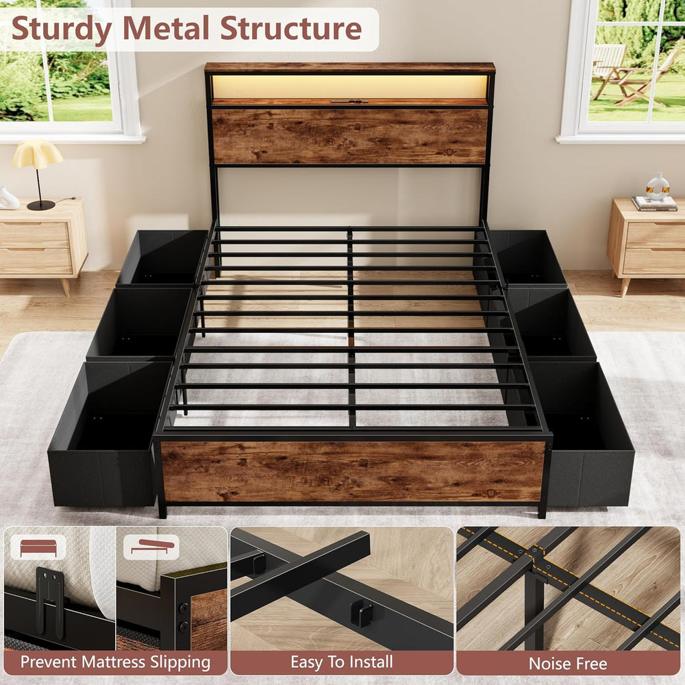 Forestell Full Size Bed Frame with 2-Tier Storage Headboard & 6 Drawers