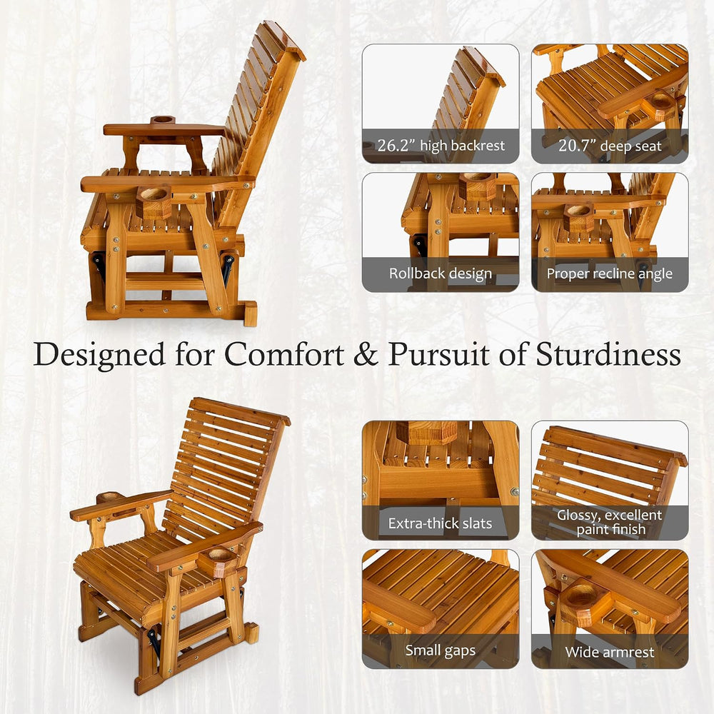 Fortune Candy Wooden Glider Chair with Cup Holders, Brown, 1-Seater