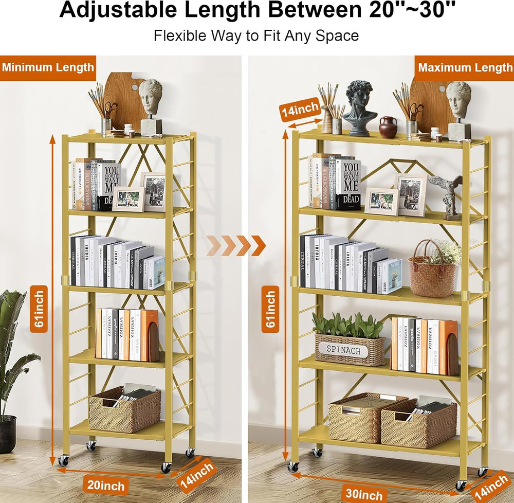Himix 5-Tier Storage Shelf with Wheels Foldable Expandable Adjustable Gold
