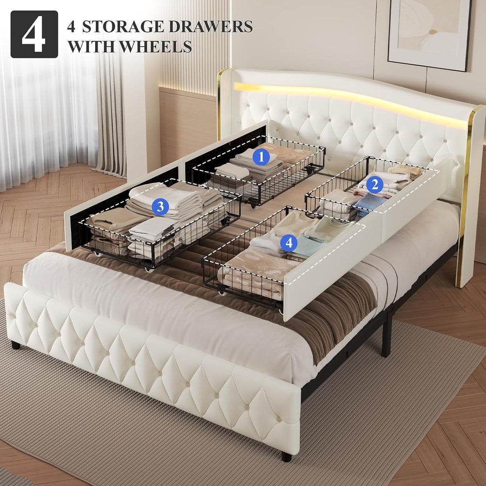 Queen Size Bed Frame, Headboard, 4 Storage Drawers, LED Lights, White