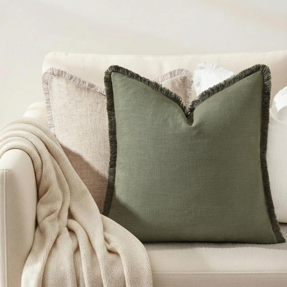 decorUhome Linen Fringe Olive Green Throw Pillow Covers 24x24 Set of 2