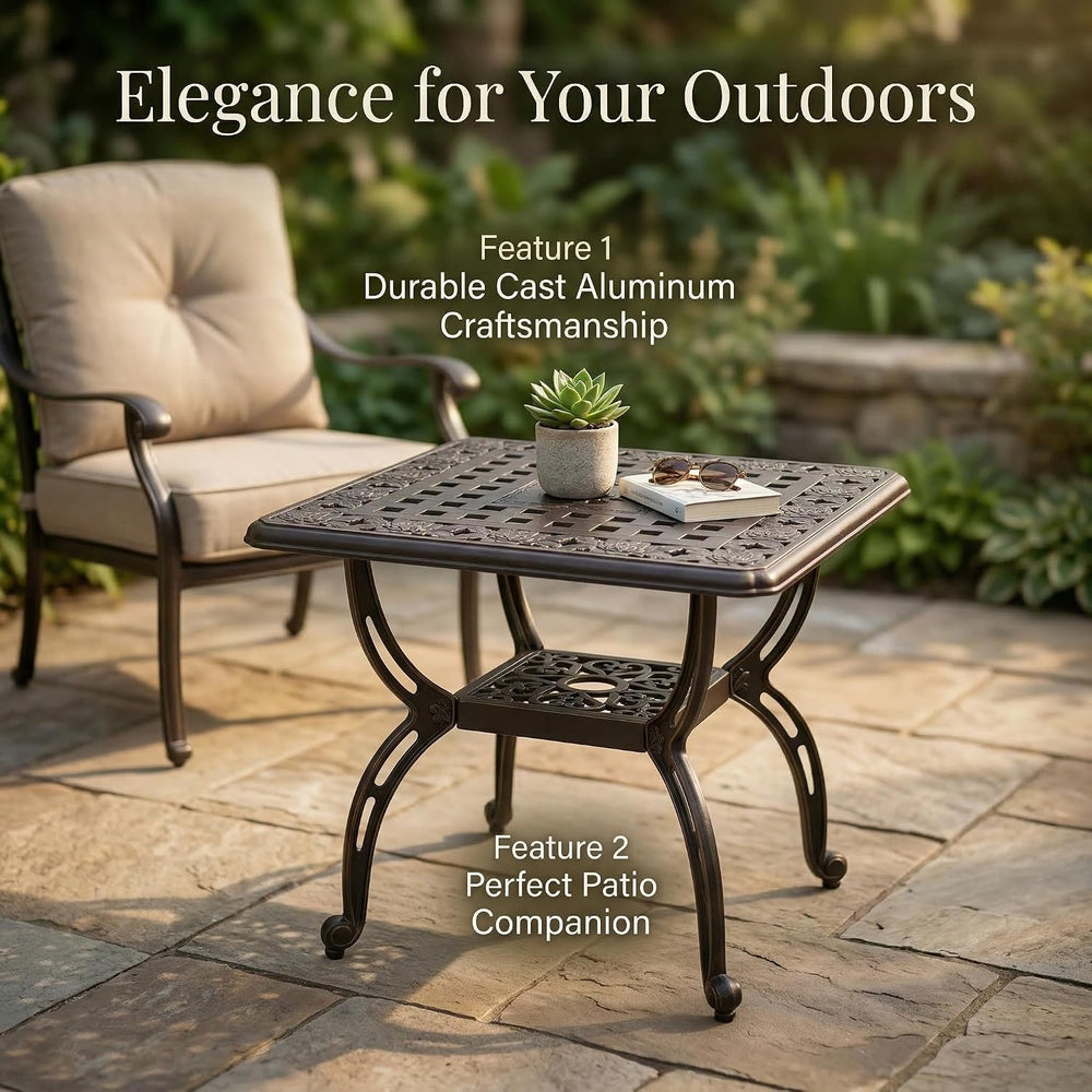 Square Outdoor Coffee Table Set of 2, Cast Aluminum Side Table with Storage,I...