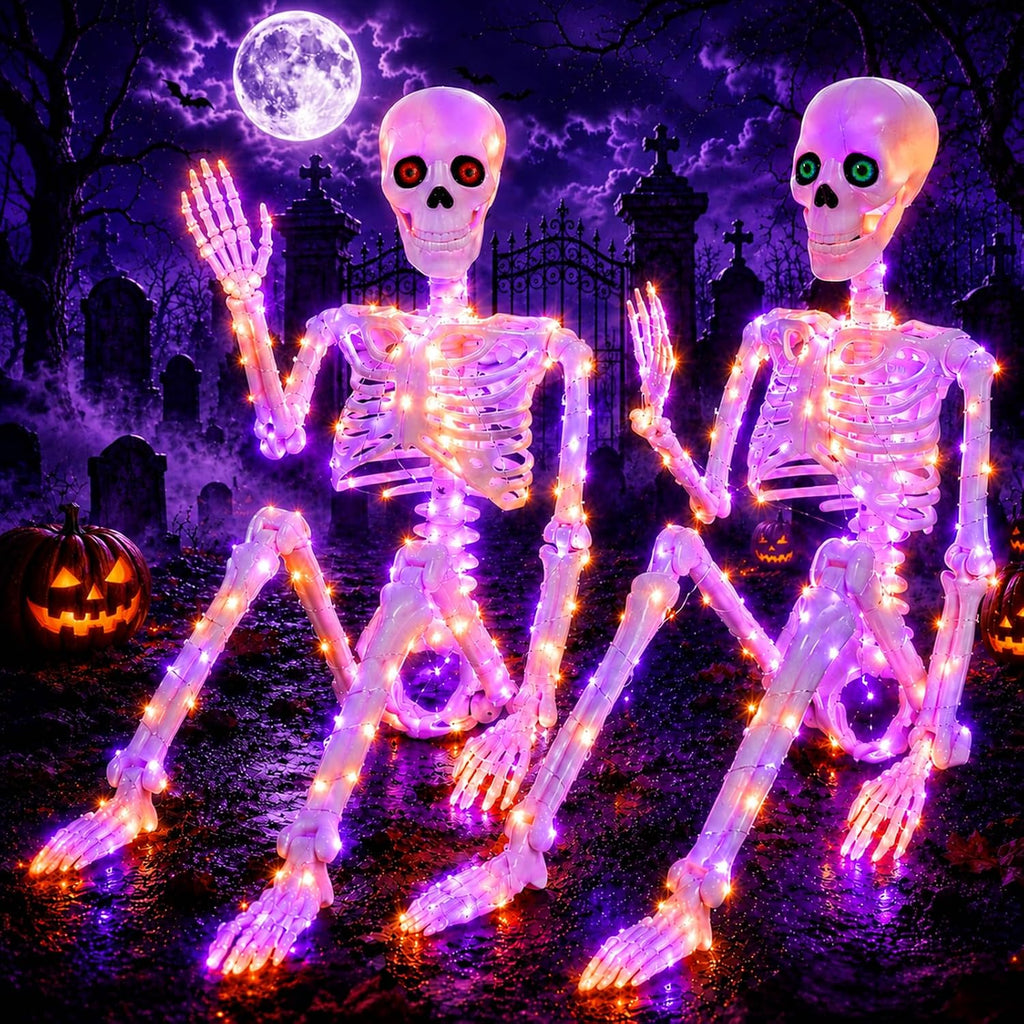 2Pack36 Halloween Skeleton Decoration with Orange&Purple Light