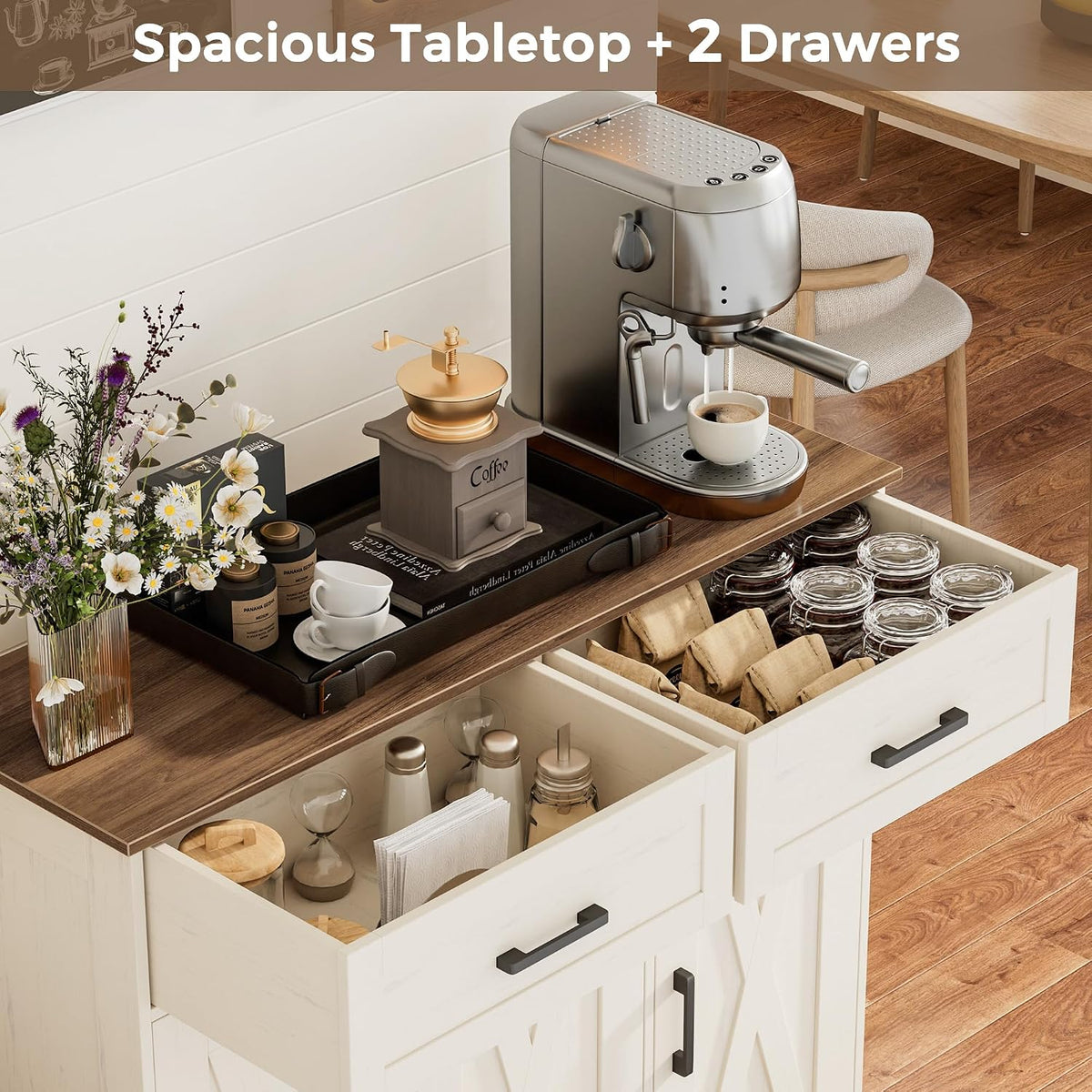Homhedy Coffee Bar Storage Cabinet with Drawers, Kitchen Buffet Cabinet
