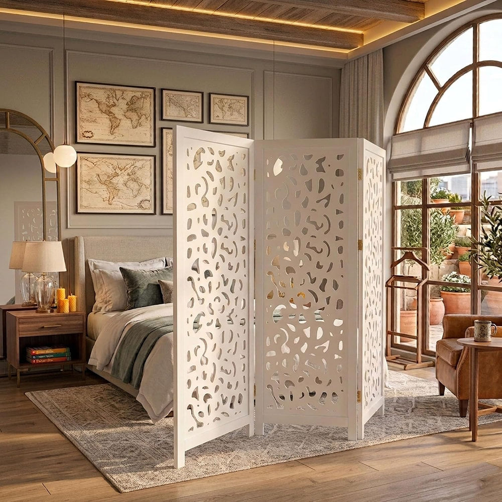 Legacy Decor 3 Panel Screen Room Divider Cutout Wood Insert White 68-in H