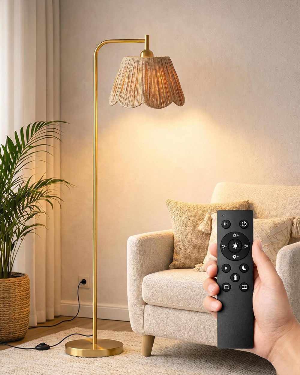 JOOFO Boho Brushed Gold Floor Lamp with Remote, Flower-Inspired Shade