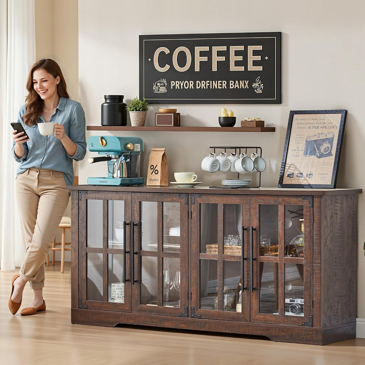 AMERLIFE Farmhouse 63" Buffet Sideboard Cabinet with Glass Door, Brown