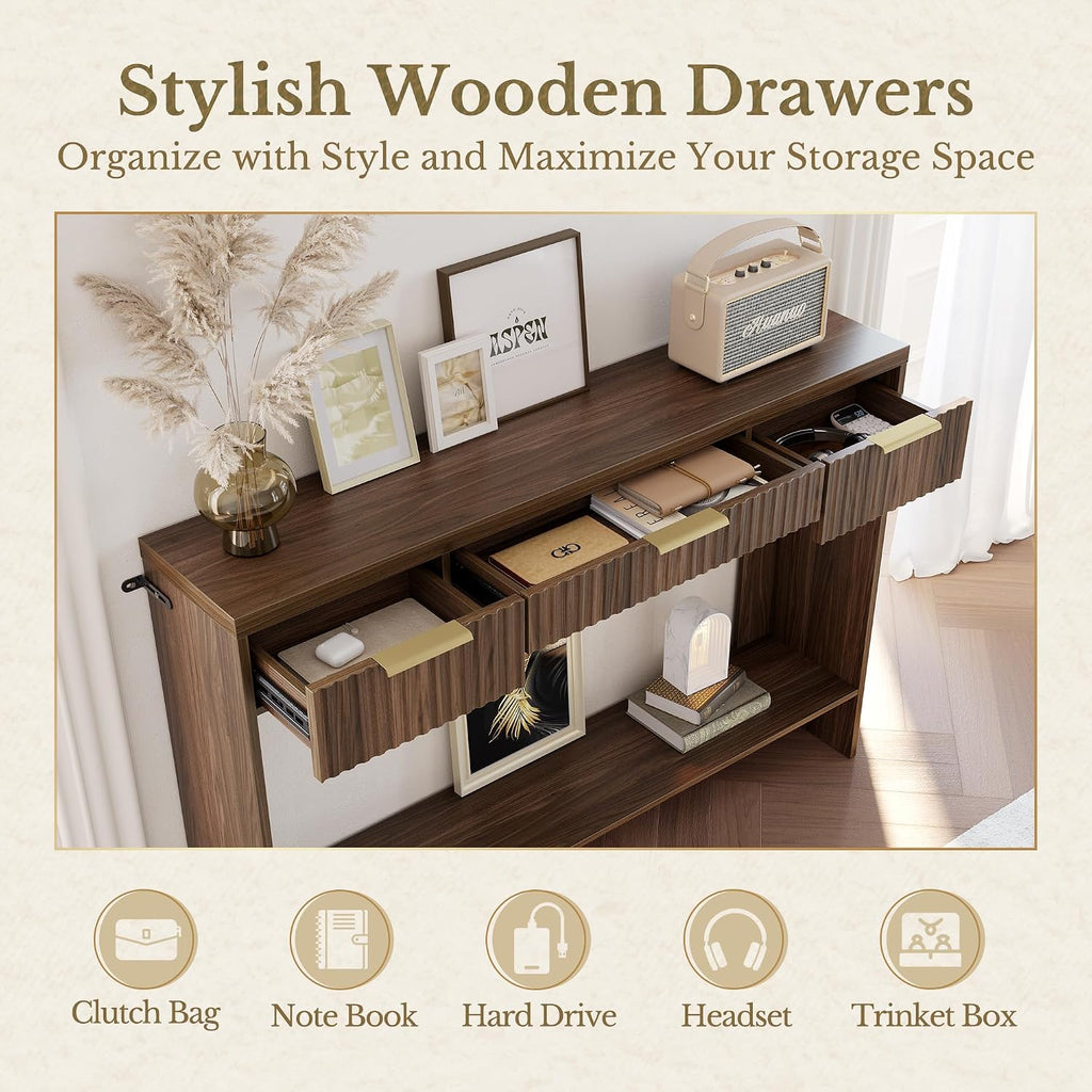 Entryway Console Sofa Table with 3 Drawers, Black Walnut | Fluted Entryway Table with Open Storage Shelf, Narrow Long Behind Couch Sofa Table for Living Room