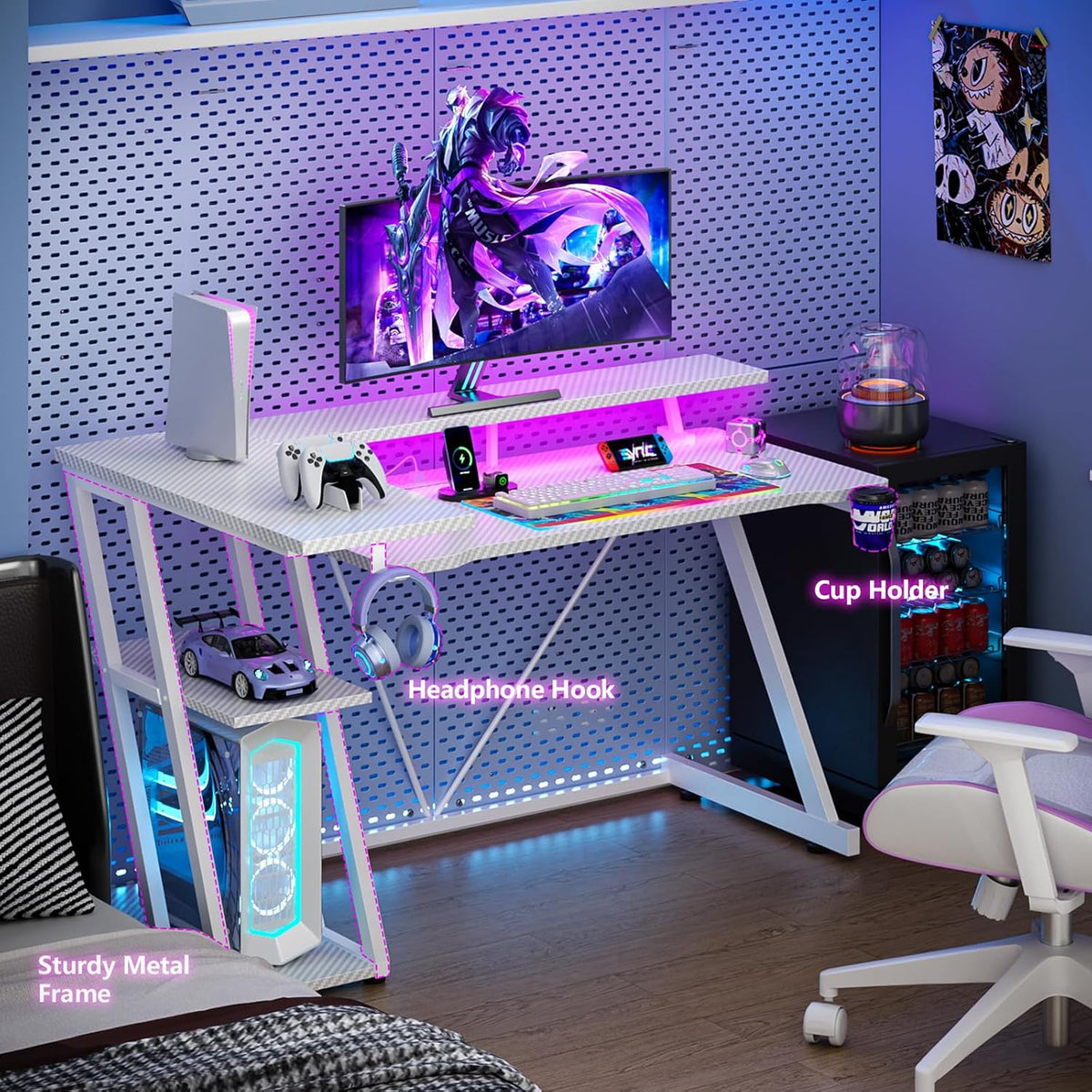 Korfile 47 Inch Gaming Desk with Power Outlet, LED, Carbon Fiber White