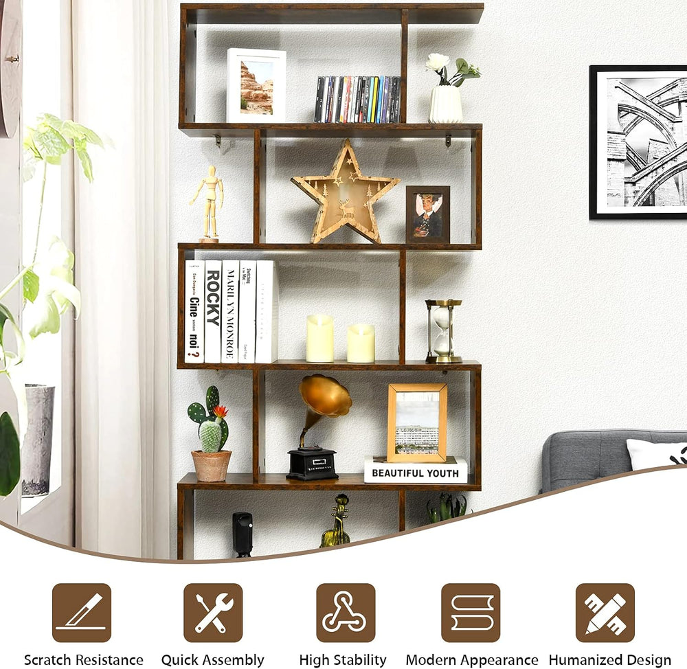 Tangkula 6 Tier S Shaped Bookshelf, 31.5''L x 9''W x 75'&...