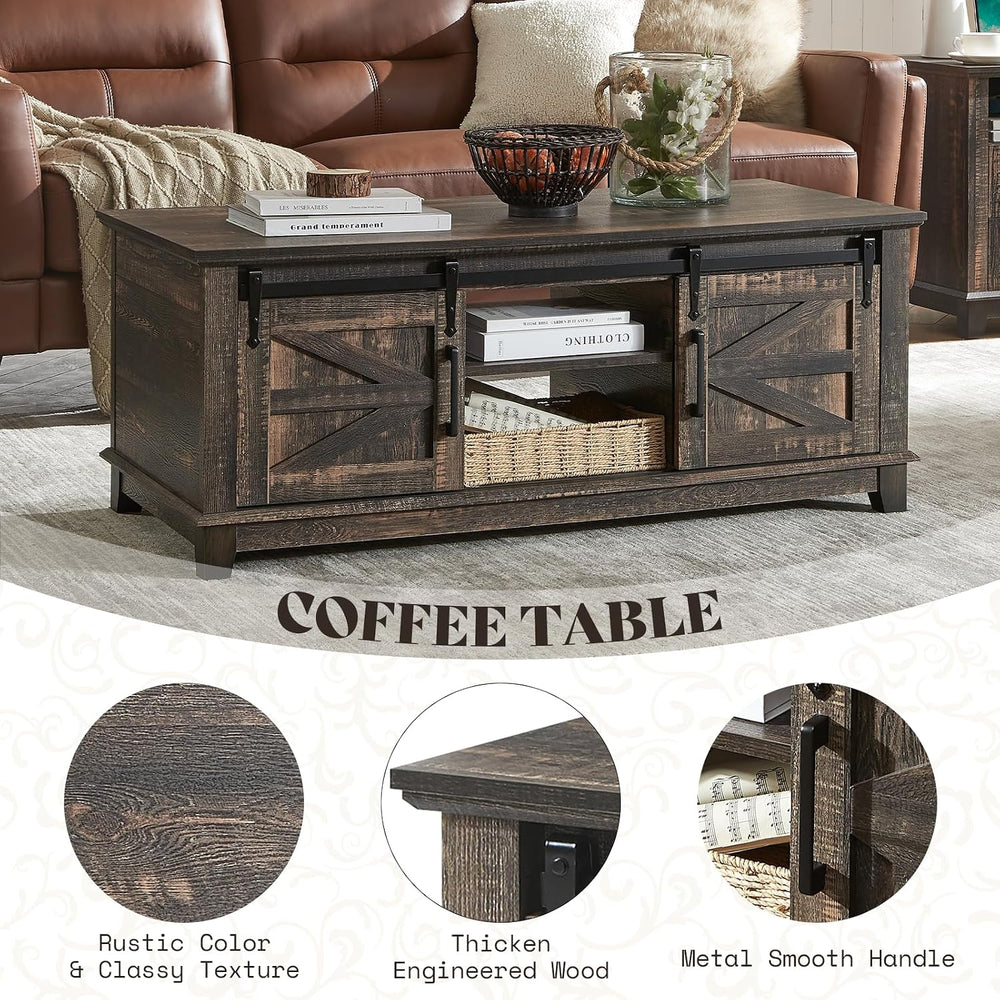 AMERLIFE 48" Farmhouse Coffee Table with Sliding Barn Doors, Black Oak