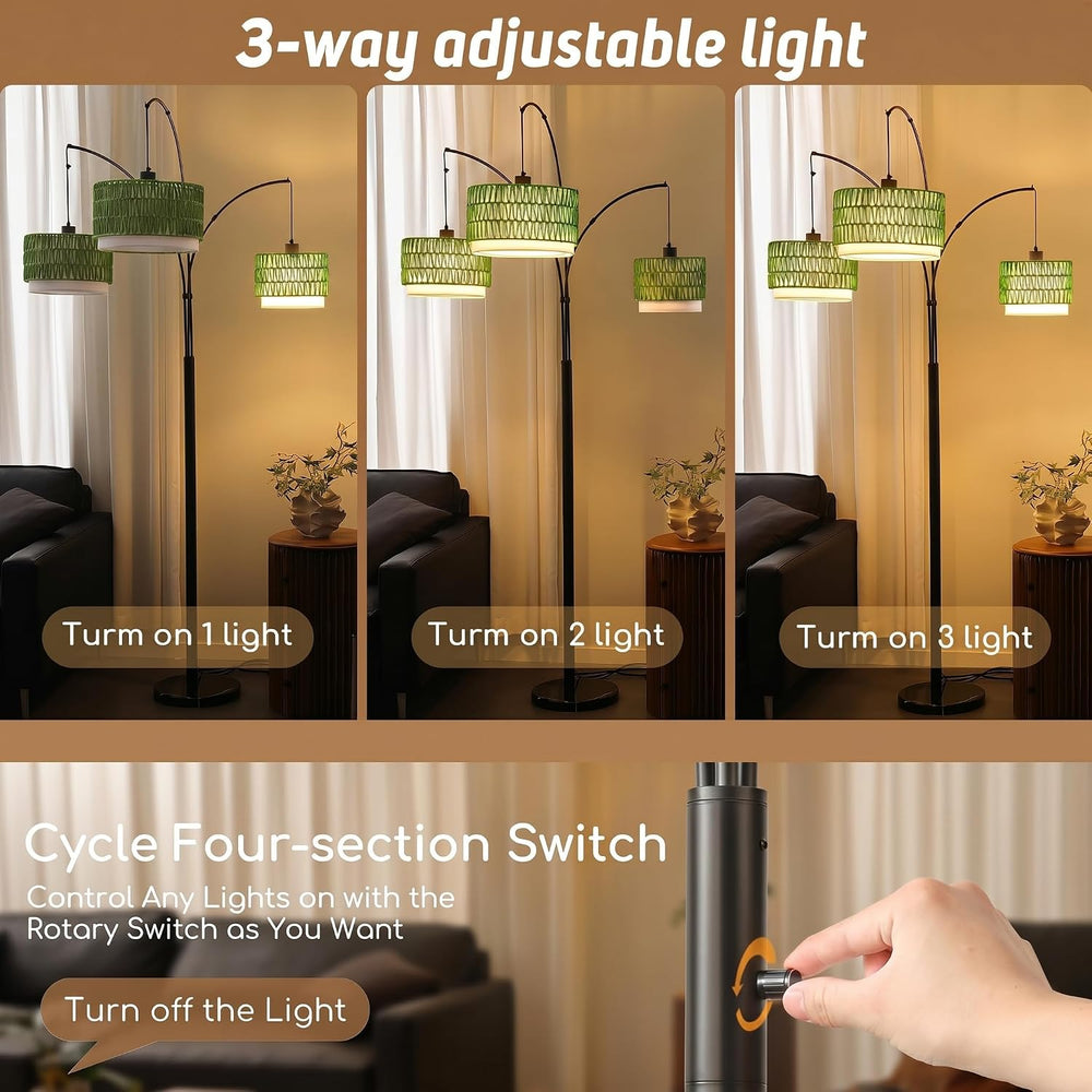 3-Light Arc Rattan Floor Lamp for Living Room,80'' Boho Tree Lamp