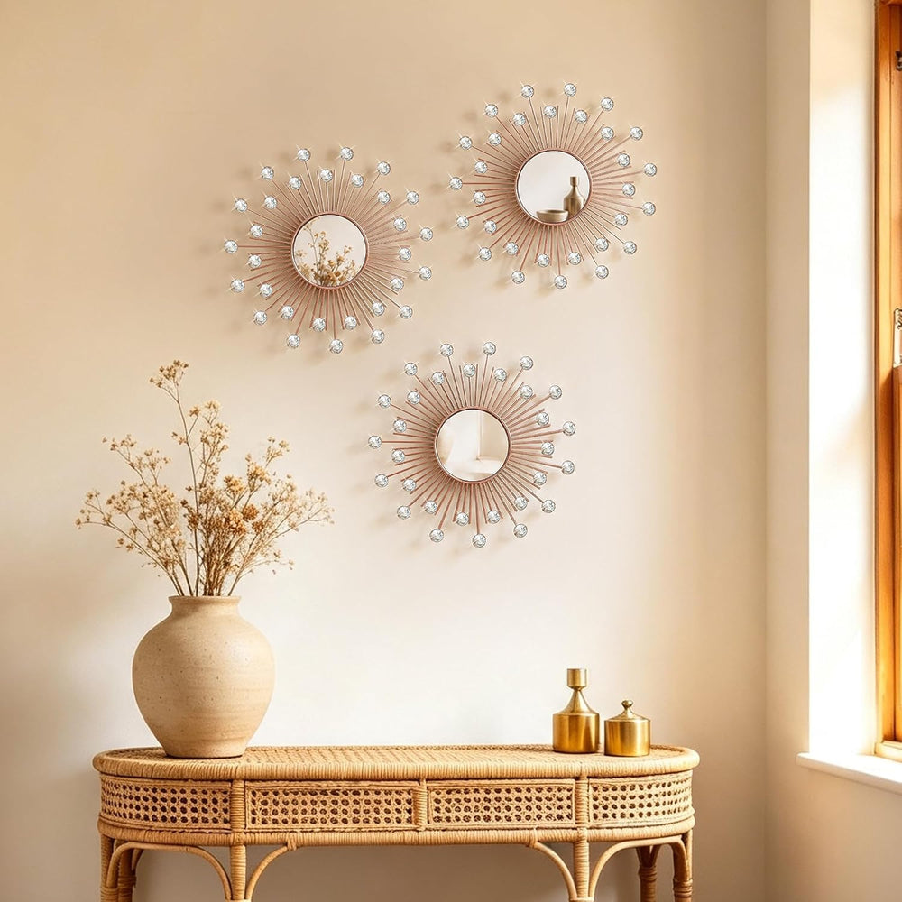 3 Pack Metal Mirrors for Wall Sunburst Wall Mirror Rose Gold Crystal Décor