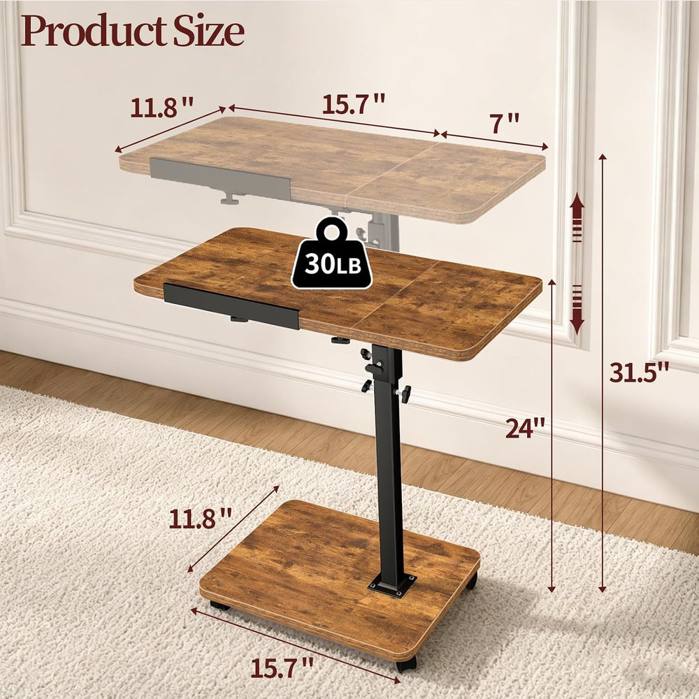 End Table Adjustable Height, 22.8"L Side Table Tv Tray with Wheels, 90° ...