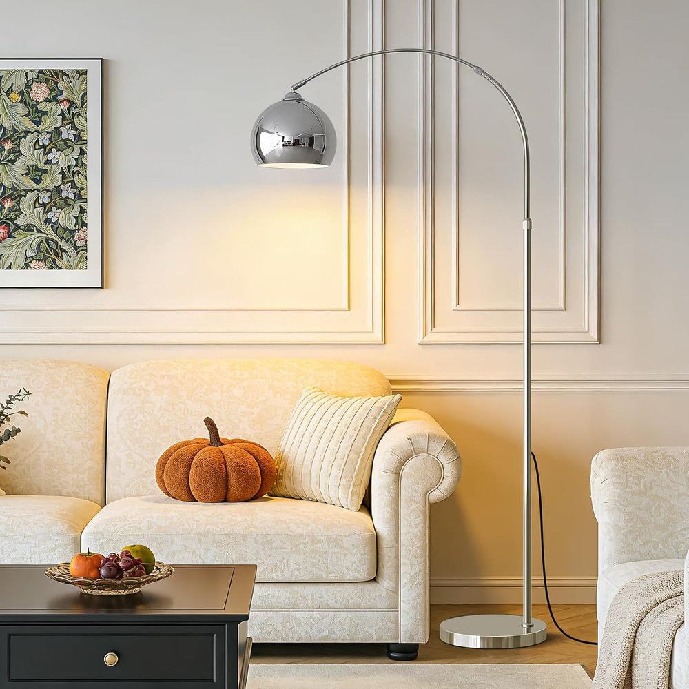 Glossy Chrome Silver Arc Floor Lamp with 12W LED Remote Dimming