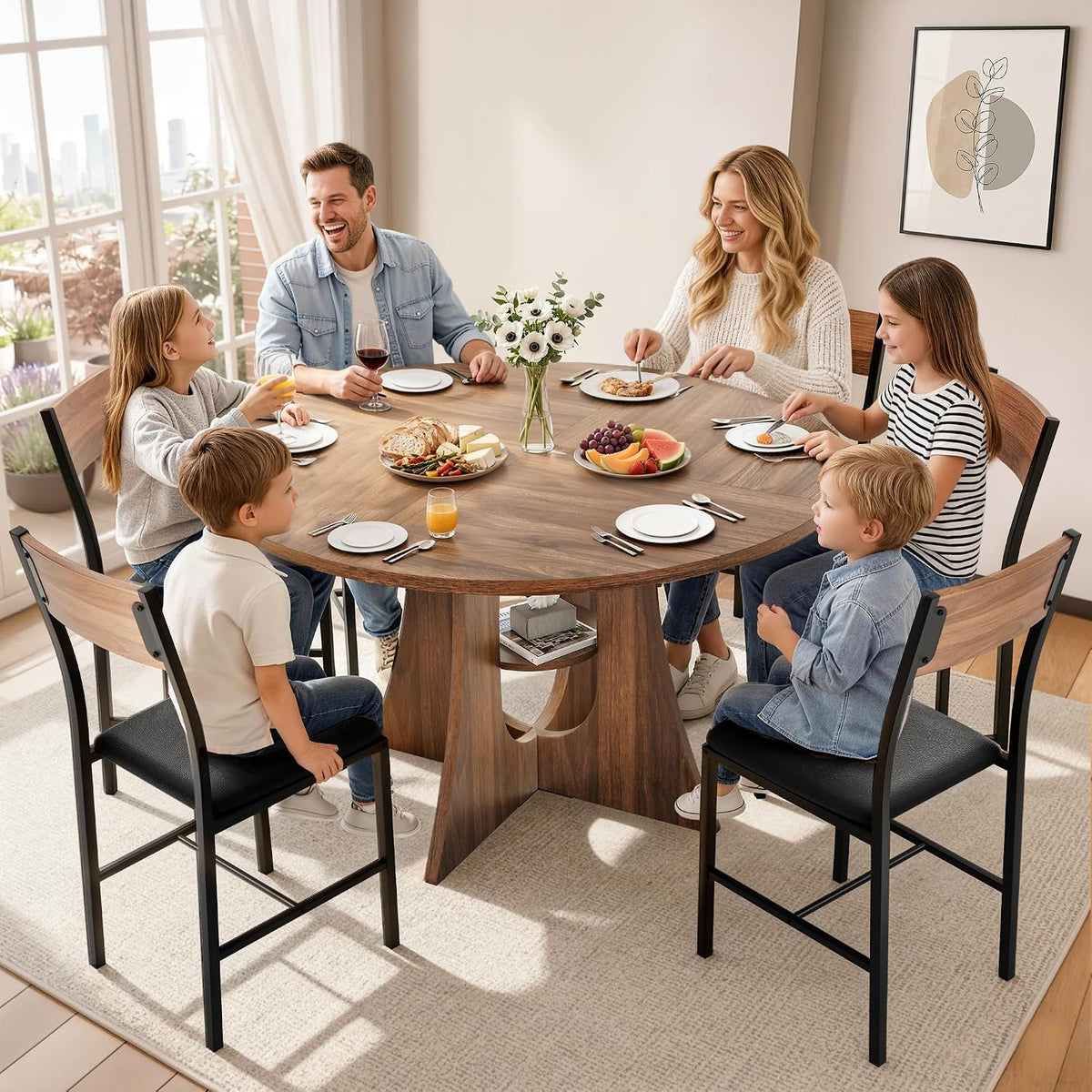 Pamapic Dining Table Set for 6, 47" Round Dining Table with Chairs, Cross Base Design, Storage Shelf, Durable Wood Grain, Space-Saving Kitchen Table and Chairs for Dining Room & Living Room, Walnut