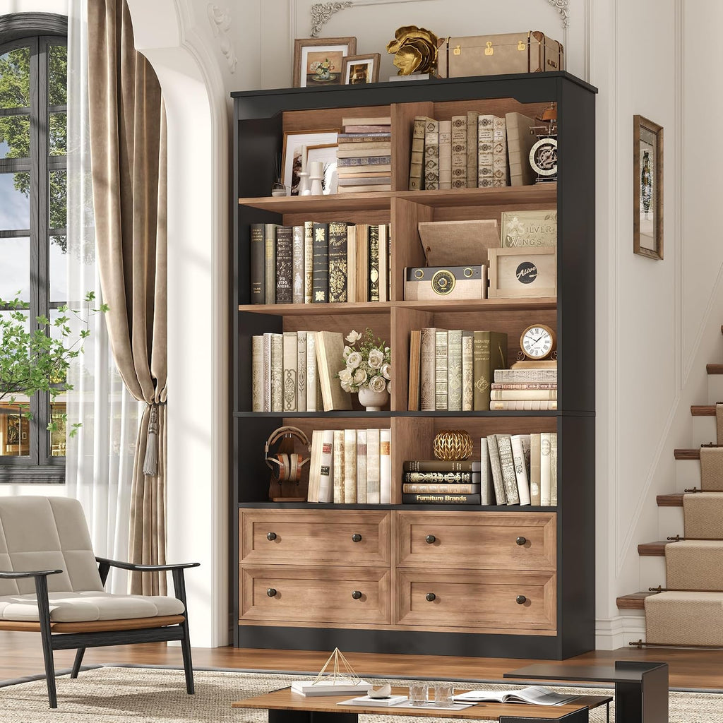 FINETONES 71" Tall Bookshelf with 4 Drawers Large Bookshelf Office Bookcase
