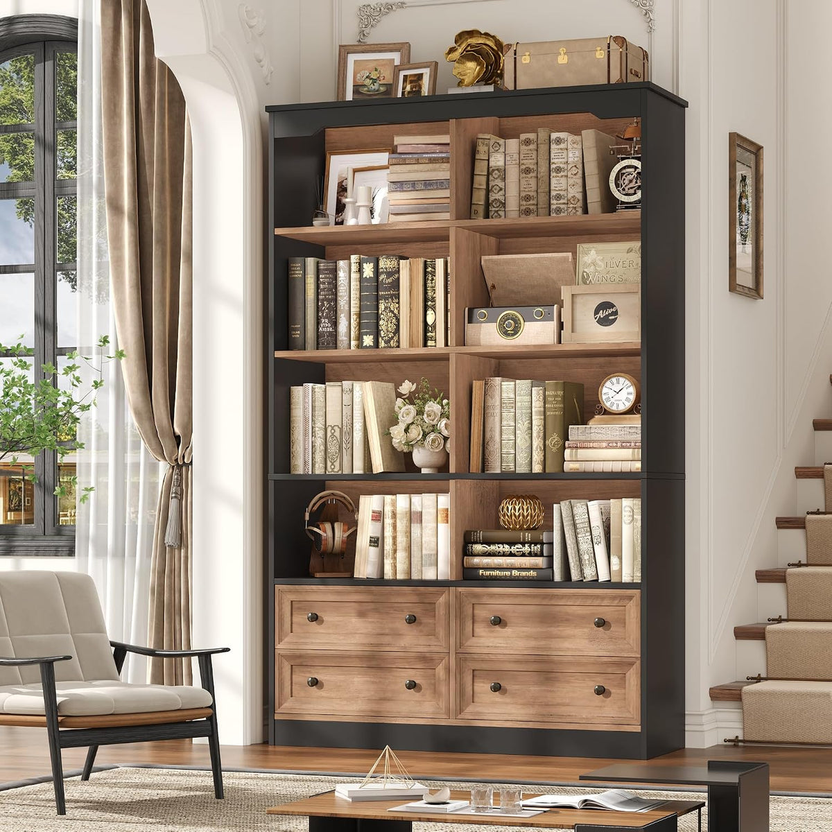 FINETONES 71" Tall Bookshelf with 4 Drawers Large Bookshelf Office Bookcase