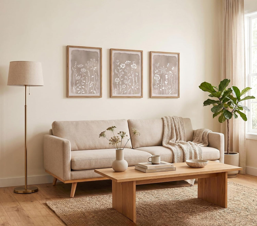 Neutral Floral Wall Art Set of 3, Brown Framed Botanical Canvas Prints