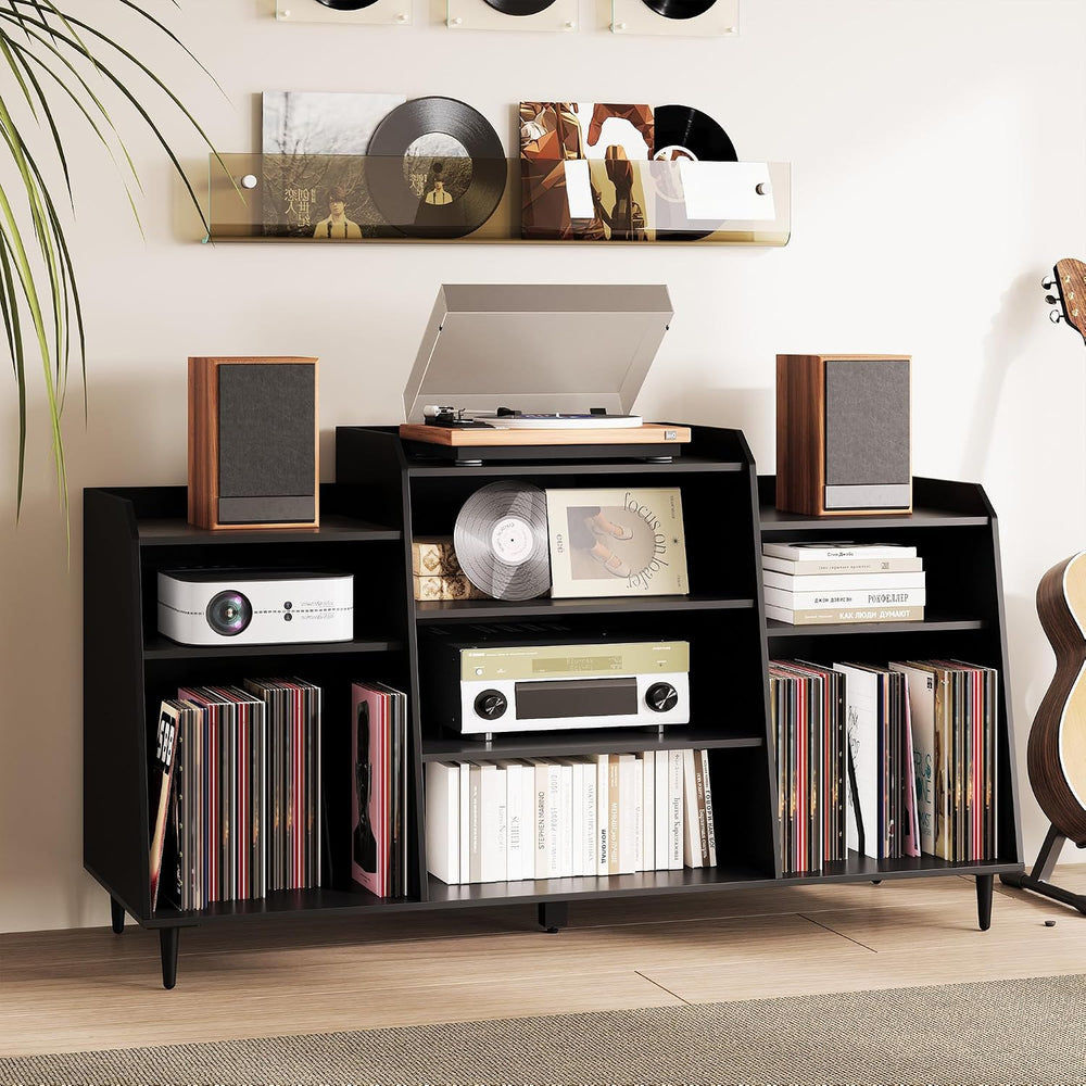 Rresyet 55" Record Player Stand with Charging Station, 4-Tier Vinyl Reco...
