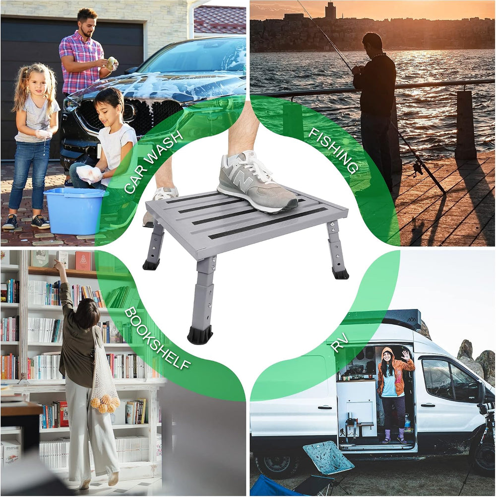 Adjustable RV Step Stool, Wide Platform, Foldable Legs, Silver