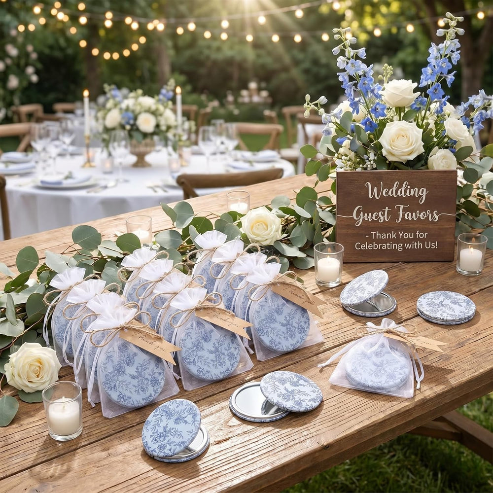 RattanView 24 Set Blue Floral Compact Mirrors Bulk, Bridal Shower Favors