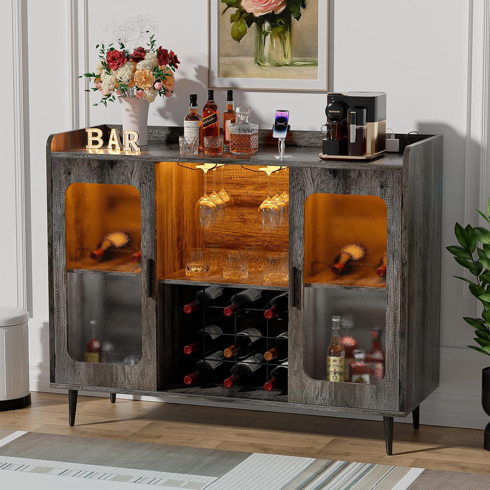 Coffee Bar Cabinet with Power Outlets and LED Light, Black Oak