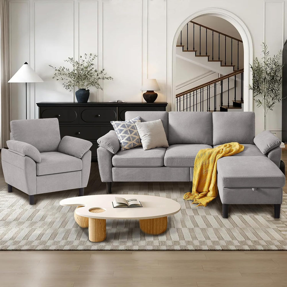 3 Piece Convertible Sectional Sofa Set, Modern Linen Small L Shaped Couch wit...