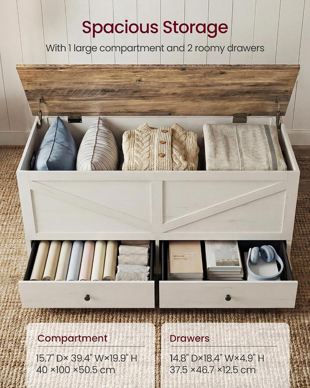 VASAGLE Storage Chest with 2 Fabric Drawers, 15.7 x 39.4 x 19.9 Inches