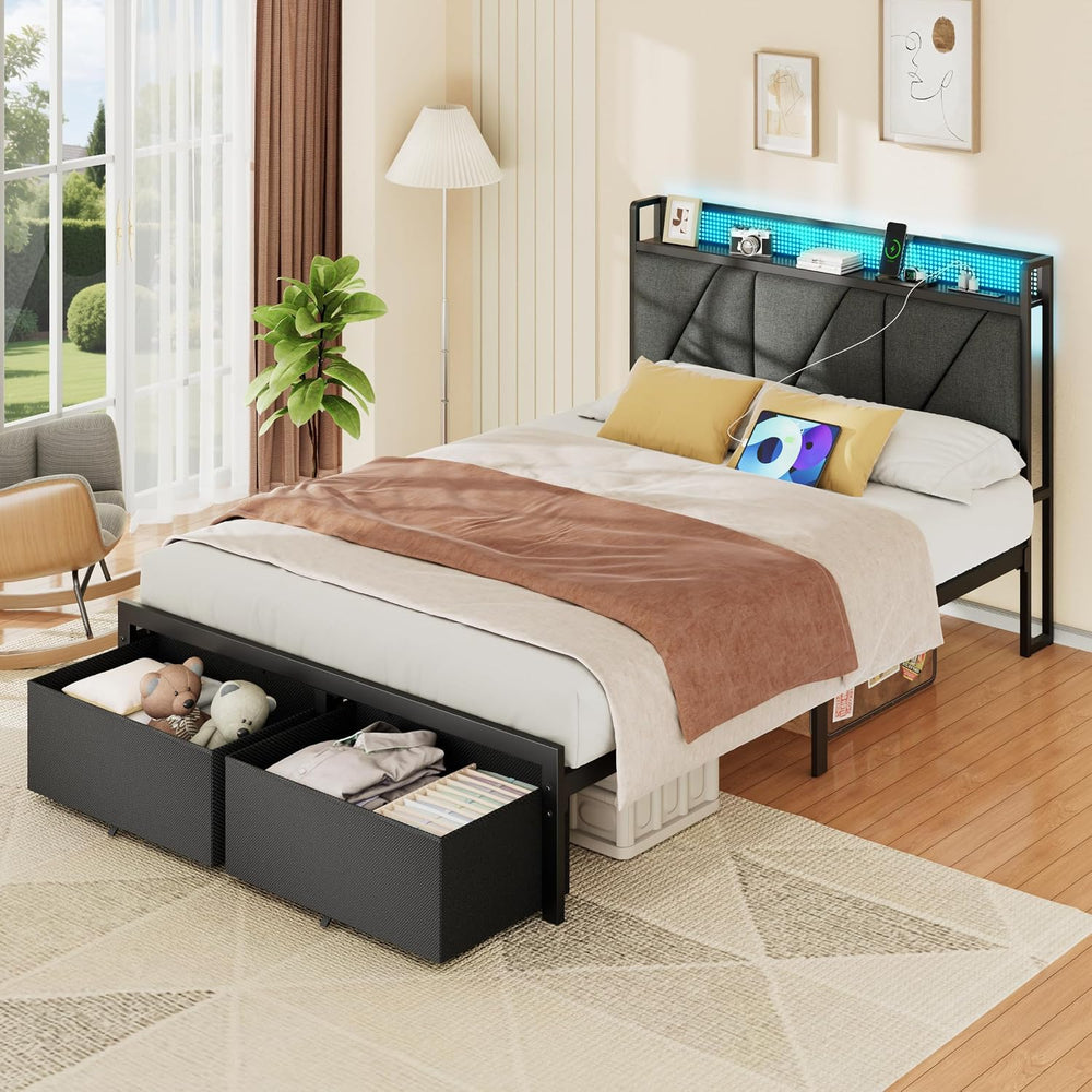 Furnulem Full Size Bed Frame with 2 Storage Drawers & Upholstered Headboard