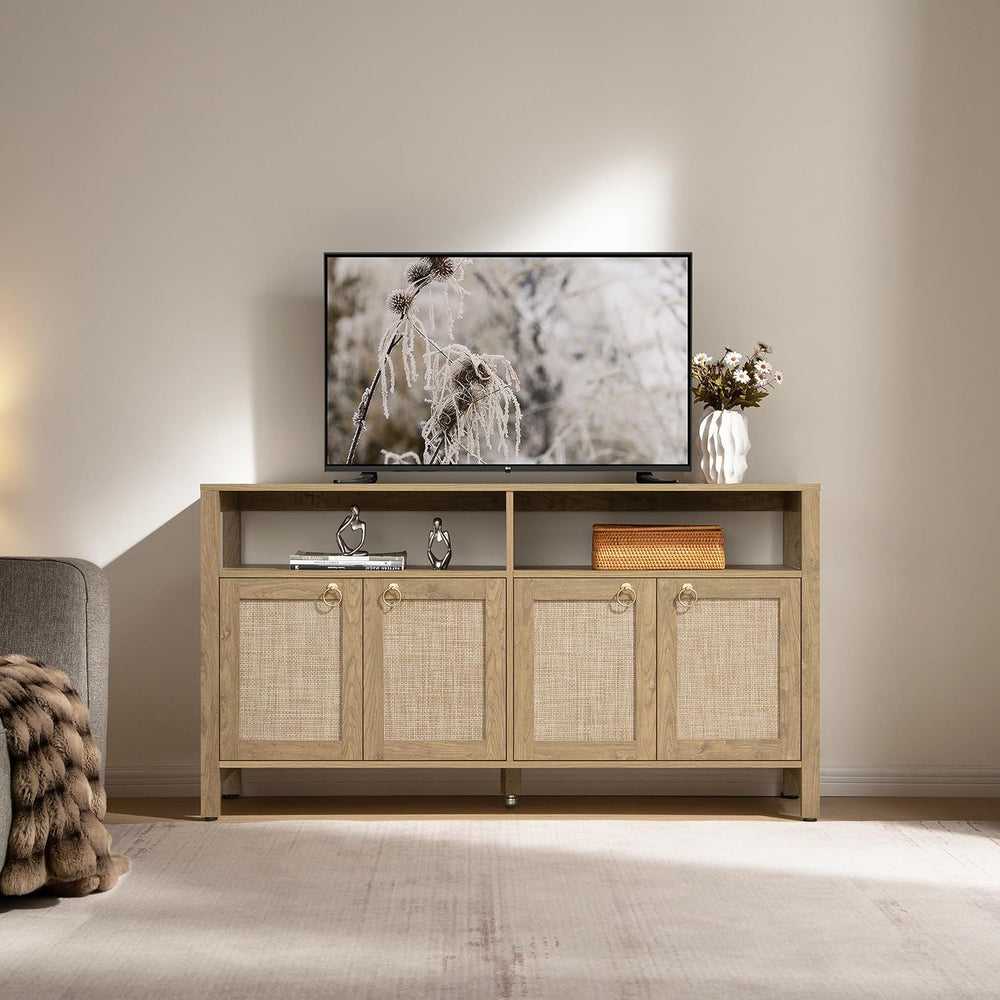 SICOTAS Rattan TV Stand Entertainment Center Storage Cabinet with 4 Doors