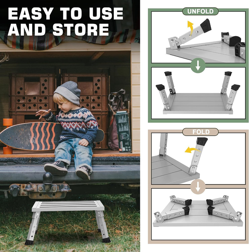 Adjustable RV Step Stool, Wide Platform, Foldable Legs, Silver