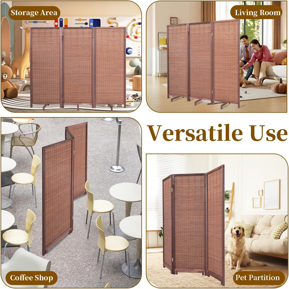 Bamboo Room Divider 3 Panel 47" H, 360°Rotating Feet Privacy Screen,Brown