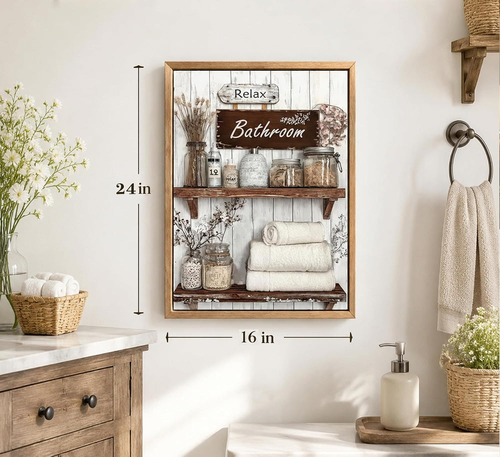 Floating Framed Farmhouse Bathroom Canvas Wall Art, Rustic Country Decor