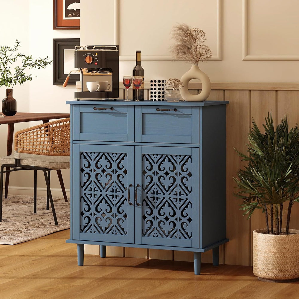 Kitchen Storage Cabinet with Drawers - Accent Cabinet with Carved Door, Floor...