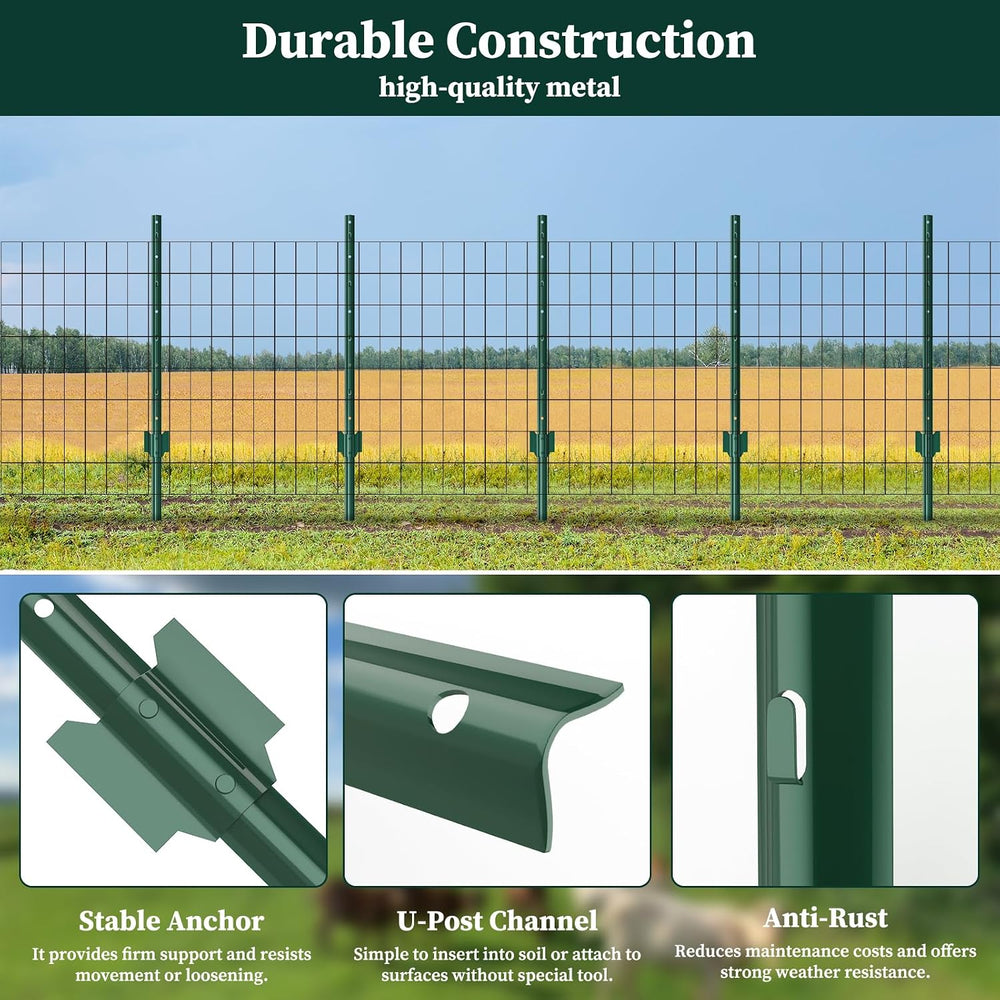 Metal Garden Fence Posts– Heavy Duty U-Post for Wire Fencing, 4 FT Green