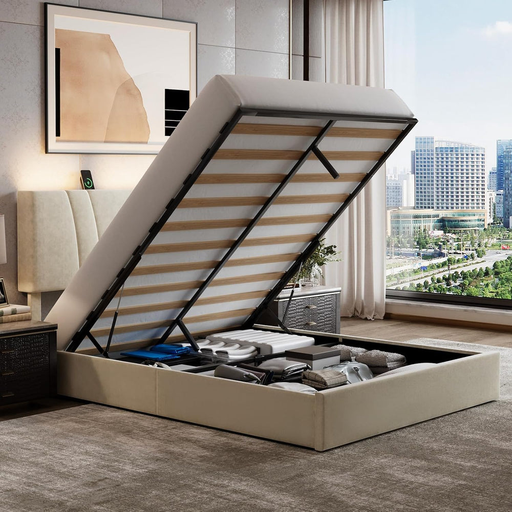 Novilla Queen Lift Up Storage Bed Frame/Charging Station/LED Light, White